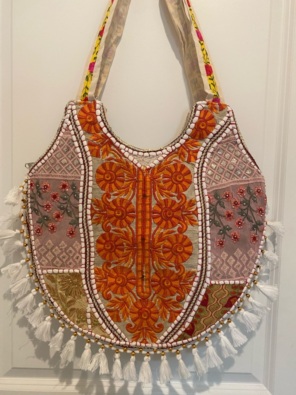 Hand-Embroidered Orange & Pink Boho Tote Bag